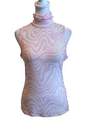 New Medium AFRM Pink White Swirl Mesh Sleeveless Turtleneck Top